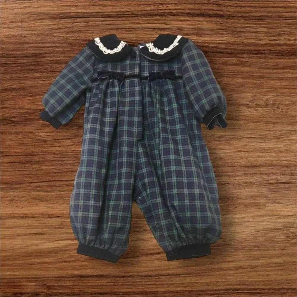 Vintage‎ Bonnie Baby Velvet Blue Green Plaid One Piece Jumpsuit Romper sz 3-6 Mo
